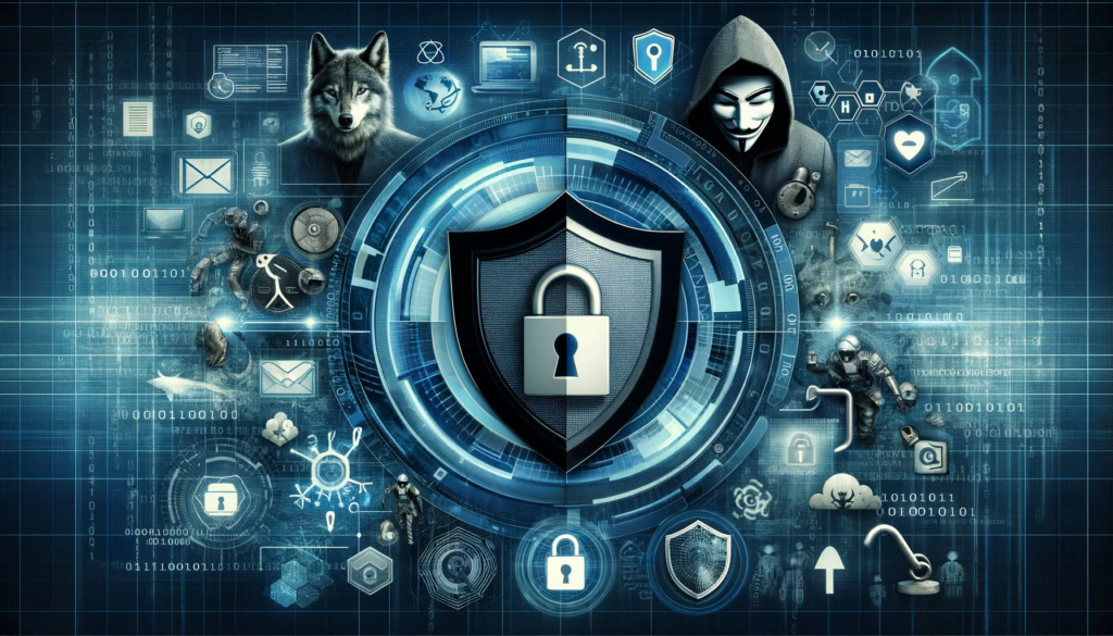 Digital collage featuring cybersecurity symbols: a shield, a lock, binary code background, phishing hook, deceptive email icon, and a wolf in sheep's clothing.