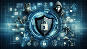 Digital collage featuring cybersecurity symbols: a shield, a lock, binary code background, phishing hook, deceptive email icon, and a wolf in sheep's clothing.