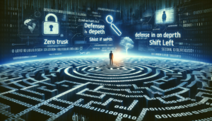 Digital landscape featuring a complex maze constructed from binary code, with key cybersecurity terms 'Zero Trust', 'Defense in Depth', 'Shift Left' floating above. In the background, a silhouette of a person with a magnifying glass symbolizes clarifying these terms, set against a backdrop of a mysterious, intricate digital world, representing the theme of navigating and understanding cybersecurity complexities.