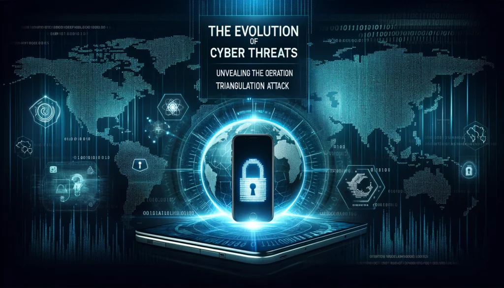 Digital cover featuring a world map backdrop with binary code streams, a lock symbol over an iPhone, highlighting the theme of global cybersecurity threats and iOS security within the context of Operation Triangulation.