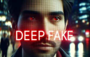 A realistic but fake face of a person with the word ‘deepfake’ written across it in red on a dark and blurry background