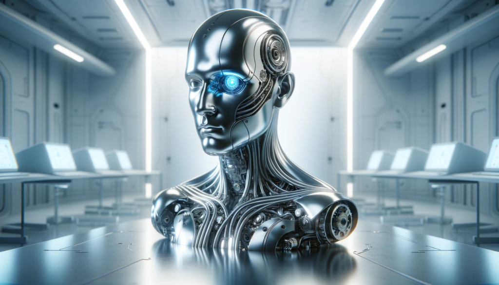 A hyperrealistic digital rendering of a chrome human bust with visible circuitry and gears beneath the surface, a single glowing blue eye, set in a white laboratory with metallic tables and monitors.