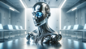 A hyperrealistic digital rendering of a chrome human bust with visible circuitry and gears beneath the surface, a single glowing blue eye, set in a white laboratory with metallic tables and monitors.