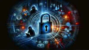 Illustration of cyber security vulnerability showing a digital lock with a hidden keyhole, shadowy hacker figures, and digital code flowing into the lock.