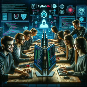 Young professionals at workstations, happily engaged with cybersecurity training platforms TryHackMe and Hack The Box, surrounded by a cyber-themed interface with code, network diagrams, digital badges, and leaderboards.