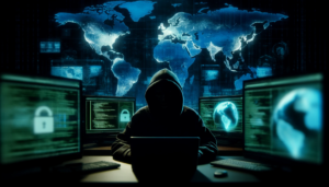 Shadowy figure sitting in front of multiple computer screens in a dark room, displaying codes and a digital world map, evoking a sense of global cybersecurity urgency.