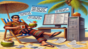 Office worker in traditional Indonesian outfit relaxing on a beach chair with a coconut drink, surrounded by error messages on a computer monitor and scattered papers.