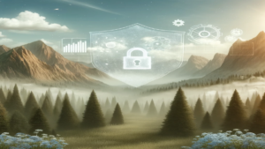 A serene landscape featuring mountains and a forest, with subtle elements representing secure software development and productivity