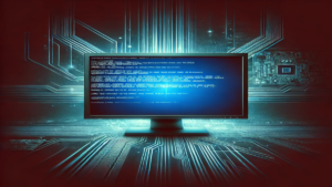 Abstract digital artwork of a computer monitor displaying a Blue Screen of Death (BSOD) against a black gradient background with faint digital patterns