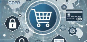 Featured image showing cybersecurity elements for e-commerce, including a shopping cart, lock symbol, credit card, shield for data protection, and GDPR and PCI DSS icons over a map of Europe.