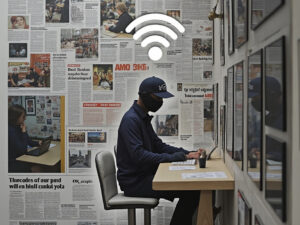 Illustration depicting the dangers of using public Wi-Fi, styled as a vintage newspaper headline