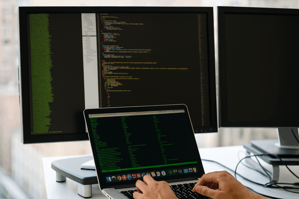 Developer coding at a desk with multi-monitor setup, terminal output and code visible, modern office background