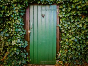 A green door with plants