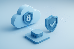 A 3D monochromatic blue illustration featuring a cloud icon with a padlock shield, connected to a central platform and a checkmark shield on the side, representing cloud security and verification.