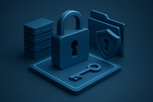 A 3D isometric illustration in dark blue featuring a large padlock on a glowing platform, surrounded by a server stack, a document folder, a security shield with a keyhole, and a key in the foreground.