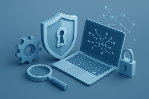 A 3D blue-toned graphic featuring a laptop, a shield with a keyhole, a magnifying glass, a gear, a padlock, and a network node icon, representing digital security and investigation.